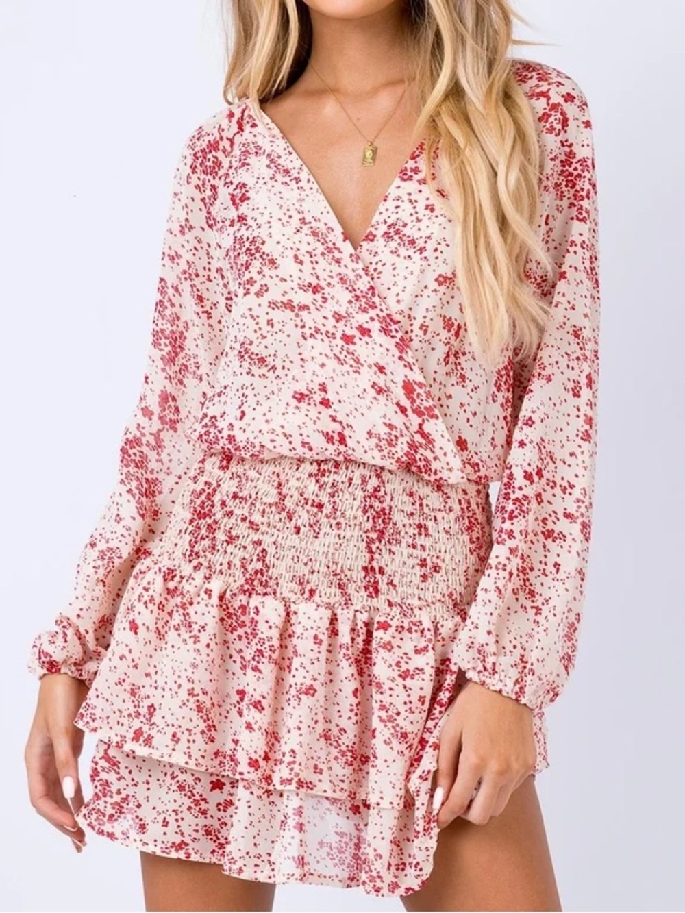 Oh Polly Cream Mini Dress with Red Speckle Detail